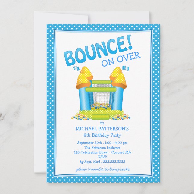Bright Blue Bouncy House Birthday Party Invitation (Front)