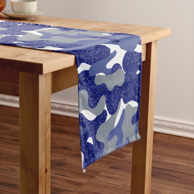 Bright Blue Camouflage Sparkle Camo Lovers Army Short Table Runner (In Situ)