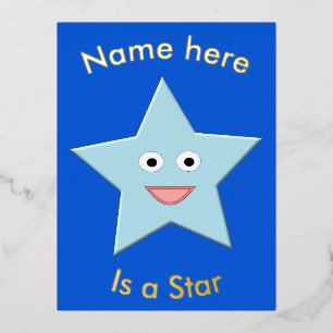 Bright Blue Celebration Star Custom Name Foil Holiday Postcard