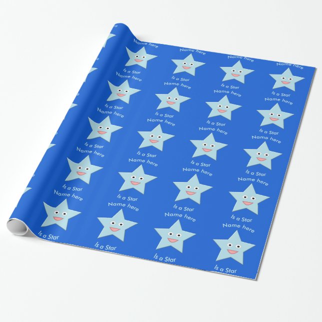 Bright Blue Celebration Star Custom Wrapping Paper (Unrolled)