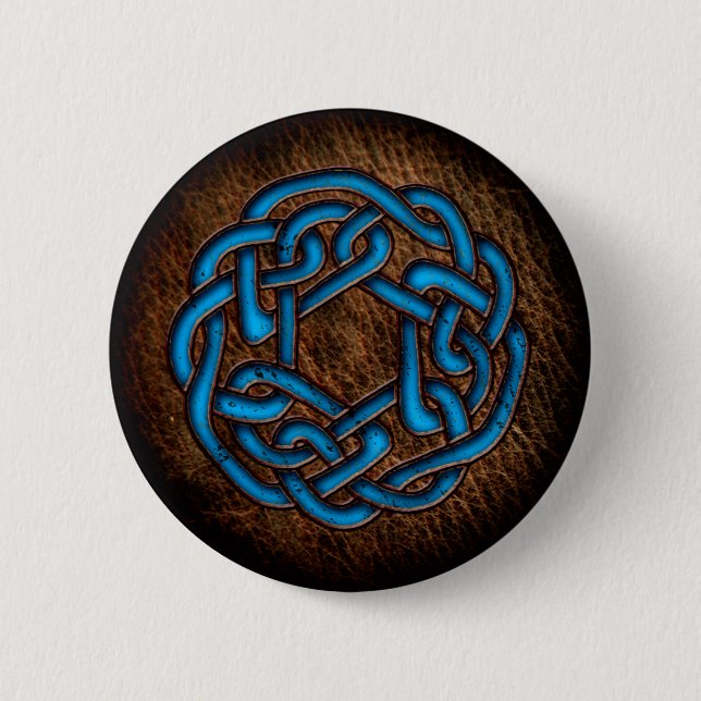 Bright blue celtic ornament on leather 6 cm round badge (Front)