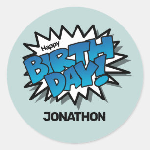 Bright Blue Comic Text - Happy Birthday Classic Round Sticker