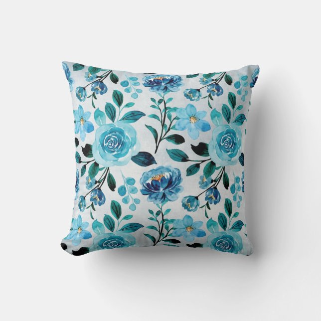 Bright Blue Country Floral Pattern Cushion (Front)