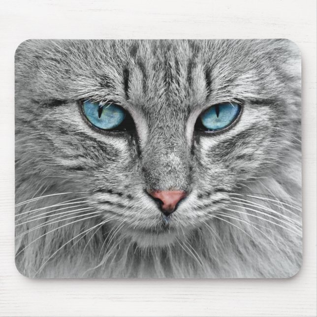 Bright Blue Eyes | Monochrome | Cat Portrait Mouse Mat (Front)