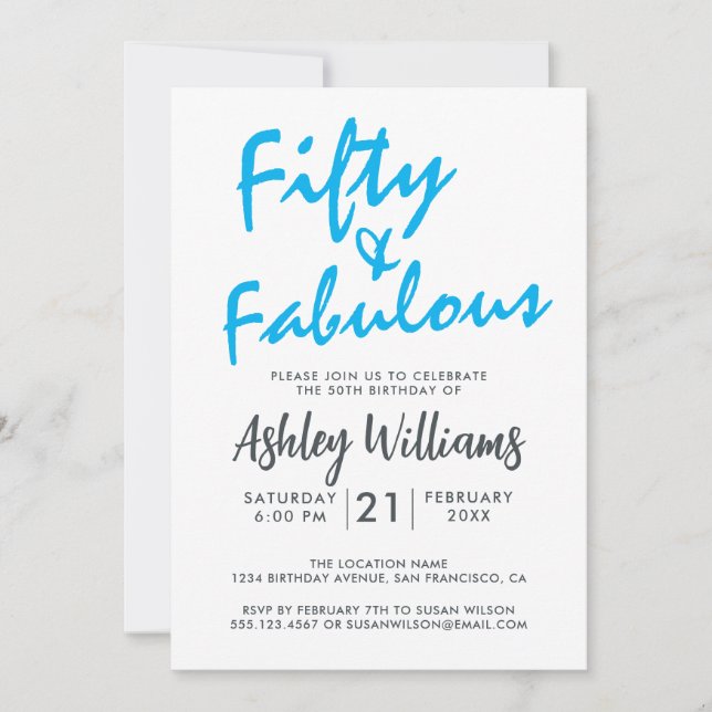 Bright Blue Fifty Fabulous | 50th Birthday Party Invitation (Front)