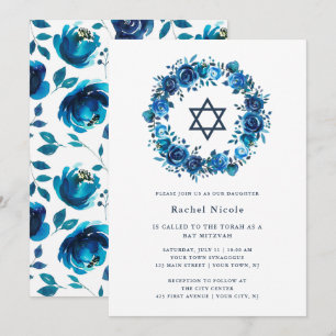 Bright Blue Floral and Star of David   Bat Mitzvah Invitation