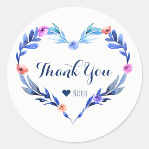 Bright Blue Floral Heart Botanical Elegant Favour Classic Round Sticker