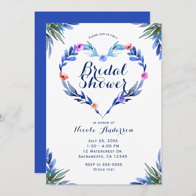 Bright Blue Floral Heart Botanical Watercolor Invitation (Front/Back)