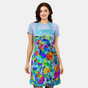 Bright blue floral personalised apron