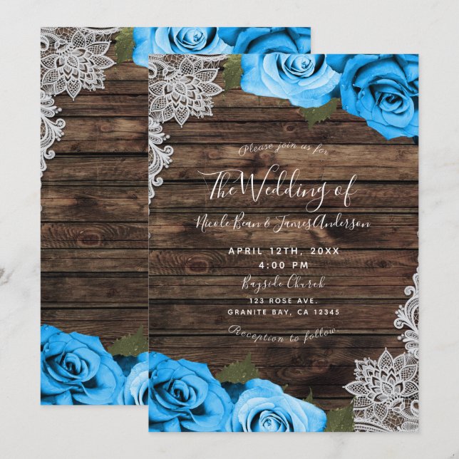 Bright Blue Floral Roses Rustic Wood Lace Wedding Invitation (Front/Back)
