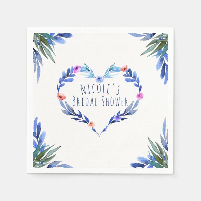 Bright Blue Floral Watercolor Heart Glam Elegant Napkin (Front)