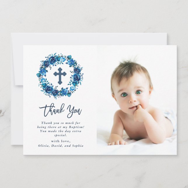 Bright Blue Floral with Cross | Baptism Photo Thank You Card (Front)