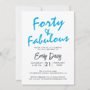 Bright Blue Forty Fabulous   40th Birthday Party Invitation