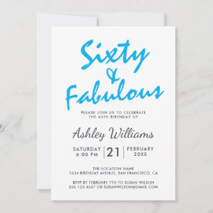 Bright Blue Forty Fabulous   60th Birthday Party Invitation
