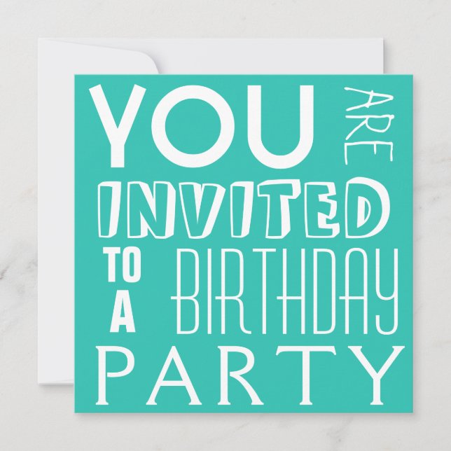 Bright Blue FUN teen typography Birthday Party Invitation (Front)