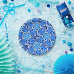 Bright blue geometric stars white paper plate