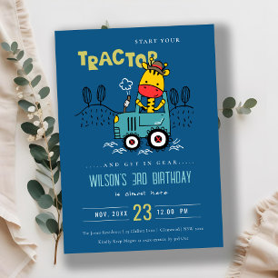 Bright Blue Giraffe In Farm Tractor Boys Birthday Invitation