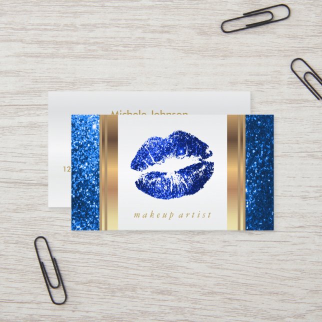 Bright Blue Glitter Lips and Elegant Gold 2 Business Card (Front/Back In Situ)