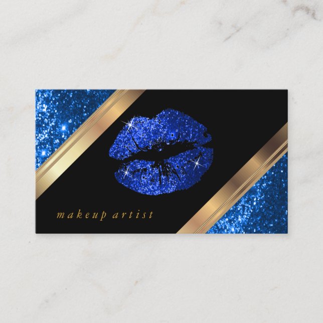 Bright Blue Glitter Lips and Elegant Gold Business Card (Front)