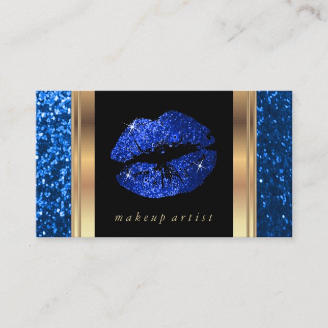Bright Blue Glitter Lips and Elegant Gold Business Card (Front)