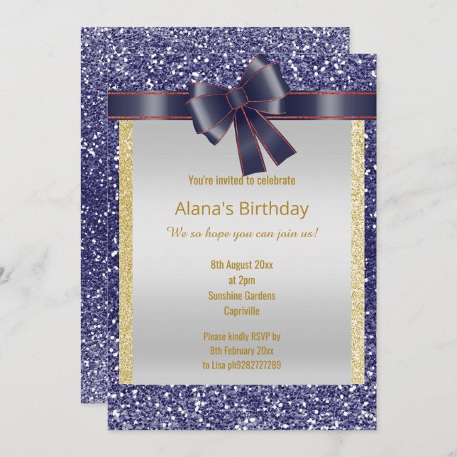 BRIGHT BLUE  GLITTER RED BLUE BOW INVITATION (Front/Back)