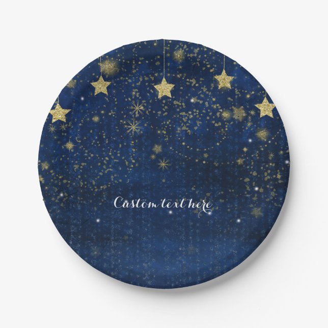 Bright Blue & Gold Starry Celestial Party Paper Plate (Front)