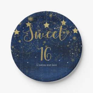 Bright Blue & Gold Starry Sweet 16 Party Paper Plate