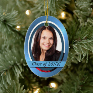 Bright Blue Graduate Photo Template Ceramic Tree Decoration