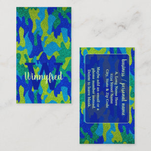 Bright Blue & Green Camouflage Glitter Camo Name Business Card