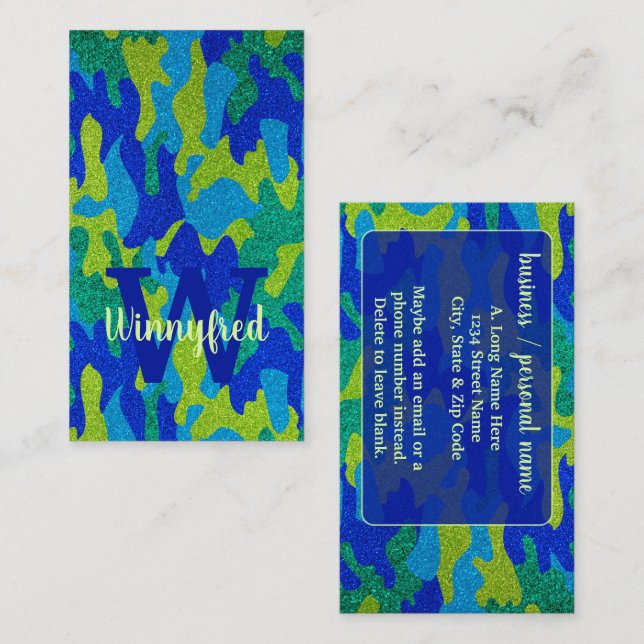 Bright Blue & Green Camouflage Glitter Camo Name Business Card (Front/Back)