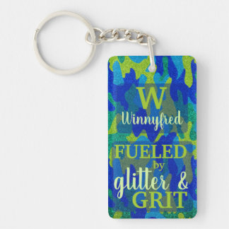 Bright Blue & Green Camouflage Glitter Camo Name Key Ring