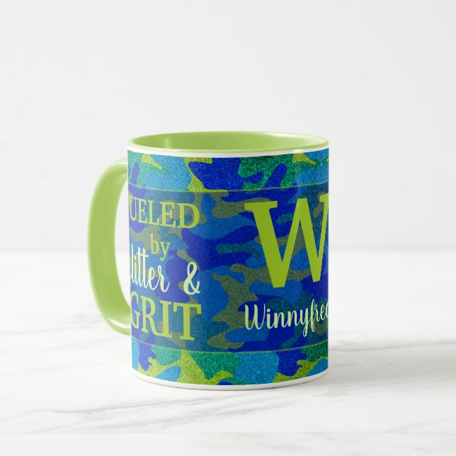 Bright Blue & Green Camouflage Glitter Camo Name Mug (Front Left)