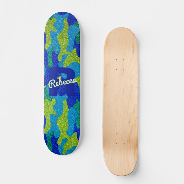 Bright Blue & Green Camouflage Glitter Camo Name Skateboard (Front)