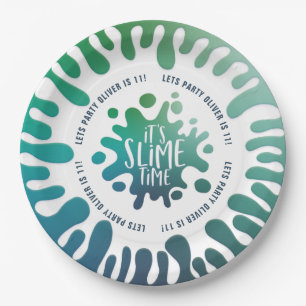 Bright blue + green rainbow slime party paper plate