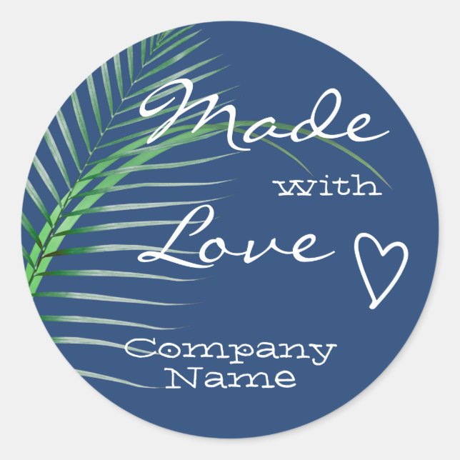 Bright Blue Green Tree Leaf Made with Love Classic Round Sticker (Front)