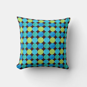 Bright Blue, Green, Turquoise Dots on Black Cushion