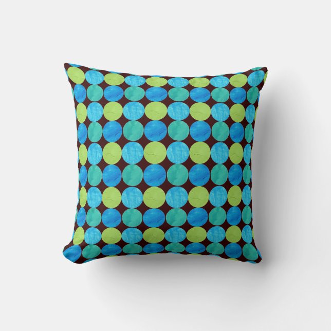 Bright Blue, Green, Turquoise Dots on Black Cushion (Front)