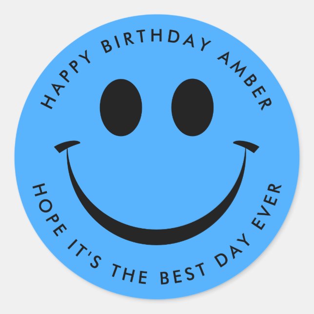 Bright Blue Happy Face Birthday Fun Classic Round Sticker (Front)