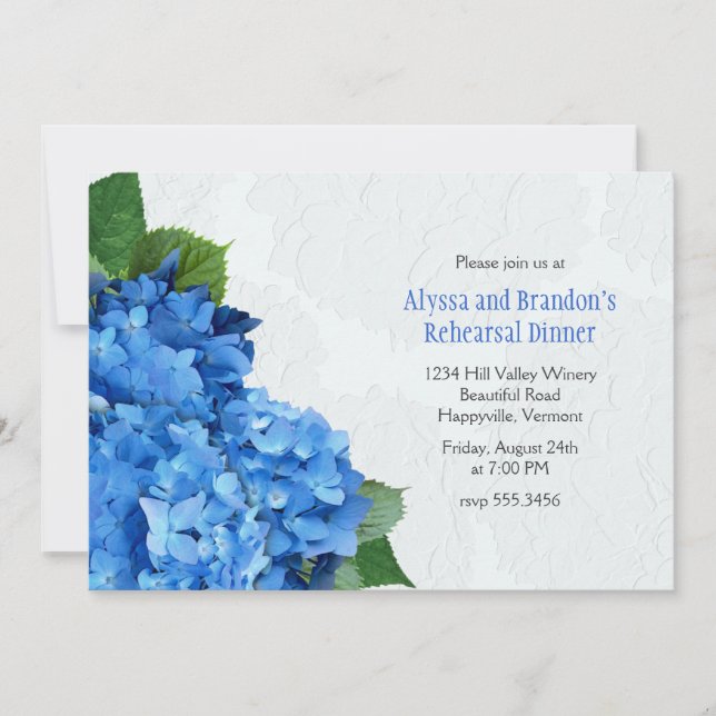 Bright Blue Hydrangea Rehearsal Dinner Invitation (Front)