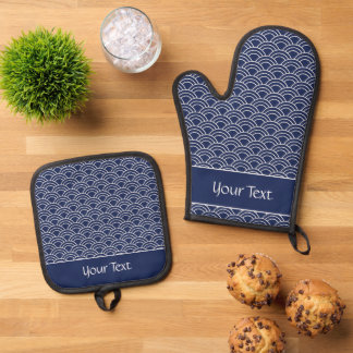Bright Blue Japanese Wave Pattern Oven Mitt & Pot Holder Set