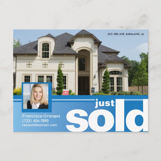 Bright blue Just sold real estate advert template Postcard (Front)