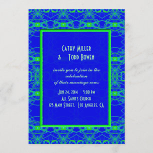 Bright blue Lime Green Pattern Wedding Invitation