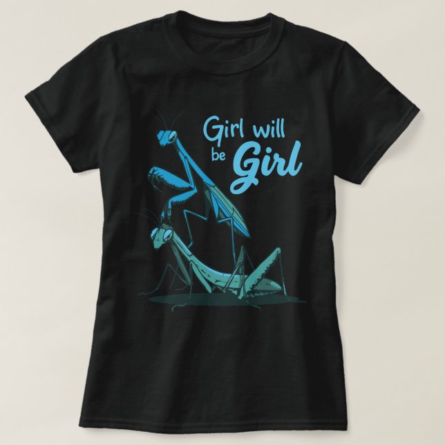 Bright Blue Mantis Illustration with Fun Phrase T-Shirt (Design Front)