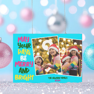Bright Blue Merry Christmas Two Photo Collage Holiday Card