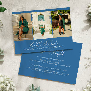 Bright Blue Minimal Photo Collage Graduation Party Invitation
