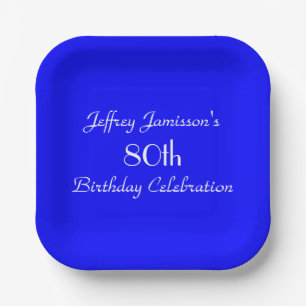 Bright Blue Minimalist 80th Birthday Party Square Paper Plate