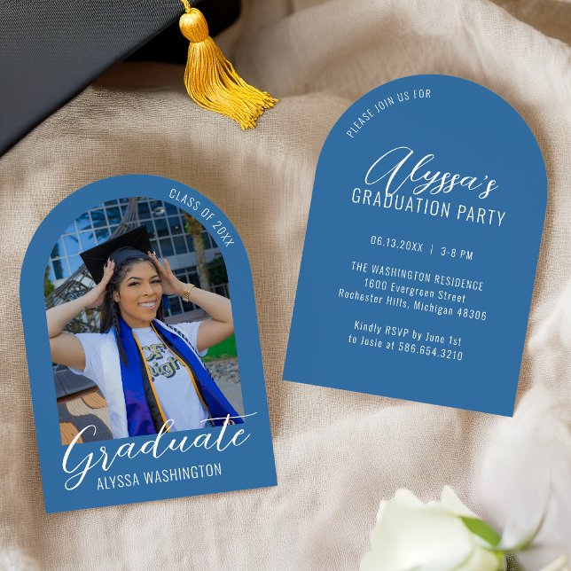 Bright Blue Modern Arch Photo Graduation Party Invitation (Creator Uploaded)