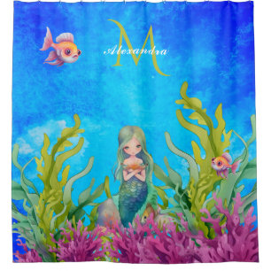 Bright Blue  Monogram Name Mermaid Shower Curtain