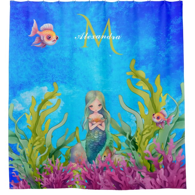 Bright Blue  Monogram Name Mermaid Shower Curtain (Front)