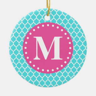 Bright Blue Moroccan Lattice Pink Monogram Ceramic Tree Decoration